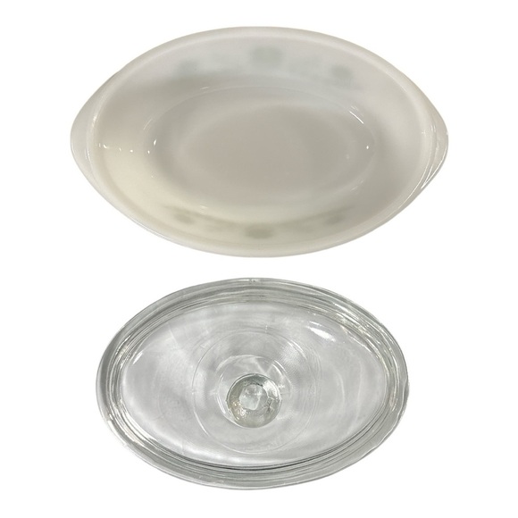 Vintage Ovenware 235 1 Qt 10" Casserole Dish Green Daisy Milk Glass Oval w/ Lid - Picture 6 of 9